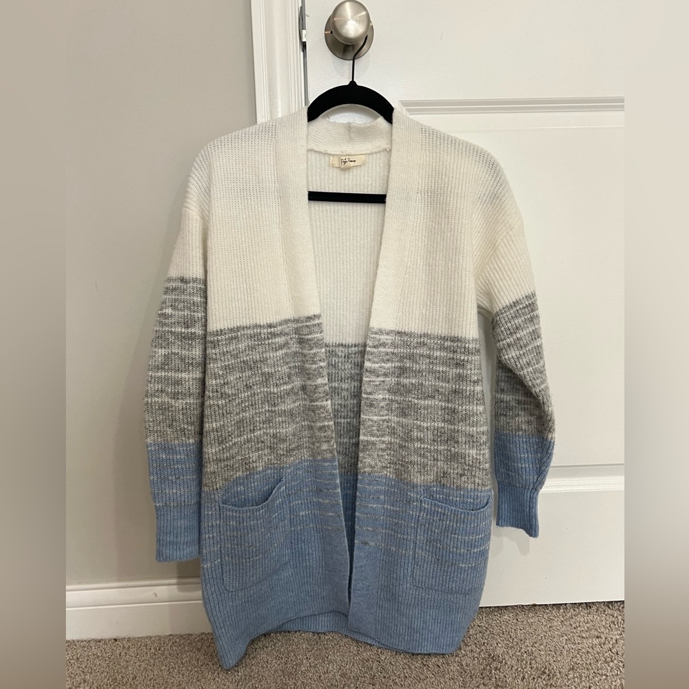 White black and blue cardigan